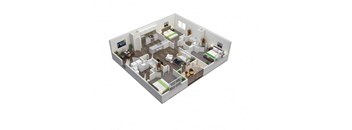 A 3D image of a house layout with multiple rooms.
