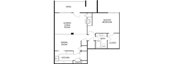 A floor plan of a house with a patio, sunken living room, dining room, kitchen, pantry, master bedroom, and bathroom.
