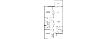 A floor plan of a house with a master bedroom, living room, dining room, kitchen, and two bathrooms.