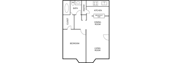A floor plan of a house with a living room, dining room, kitchen, pantry, bathroom, and bedroom.