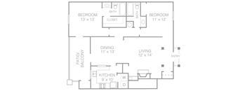 A floor plan of a home with two bedrooms, a living area, a dining area, a kitchen, and a patio.