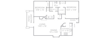 A floor plan of a house with two bedrooms, a living room, a dining room, a kitchen, a patio, and a foyer.