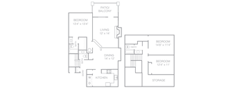 A floor plan of a house with a kitchen, two bedrooms, a living room, a dining room, a patio/balcony, and storage.