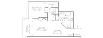 A floor plan of a small apartment with a bedroom, living room, kitchen, and dining room.