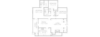 A floor plan of a house with two bedrooms, a living area, a kitchen, a dining area, a bathroom, and a patio.