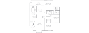 A floor plan of a home with a living area, kitchen, dining area, and three bedrooms.