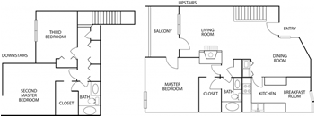 A floor plan of a house with two bedrooms and a separate dining room.