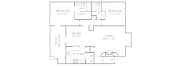 A floor plan of a house with two bedrooms, a living room, a dining room, a kitchen, a patio, and a balcony.