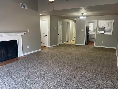 A living room with a fireplace and grey carpet.