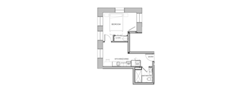 A floor plan of a room with a bedroom, kitchen/living area, bathroom, and closet.