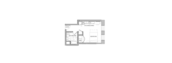 A floor plan of a small apartment with a kitchen, living room, and two bedrooms.