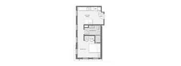 A floor plan of a small apartment with a kitchen, bathroom, and bedroom.