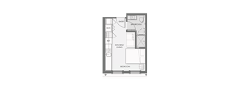 A floor plan of a small apartment with a bedroom, kitchen, and bathroom.