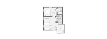 A floor plan of a house with a living room, kitchen, bedroom, bathroom and entry.