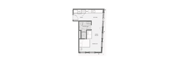 A floor plan of a small apartment with a living room, bedroom, kitchen, and bathroom.