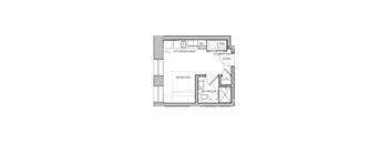 A floor plan of a small apartment with a kitchen, living room, bedroom, bathroom, and closet.