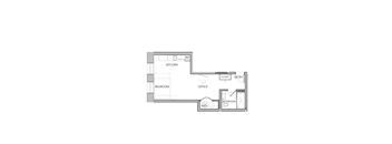 A floor plan of a small apartment with a kitchen, bedroom, bathroom, and office.
