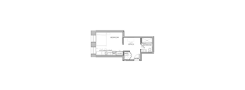A floor plan of an apartment with a bedroom, bathroom, kitchen/living room, and office.