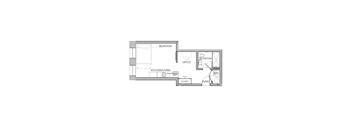 A floor plan of a small apartment with a bedroom, bathroom, office, and kitchen.