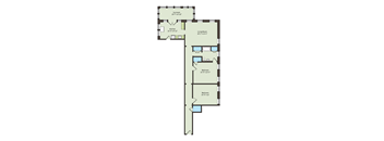 A floor plan of a house with a sunroom, kitchen, living room, and two bedrooms.