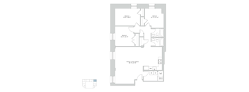 A floor plan of a house with three bedrooms and a kitchen/living room.
