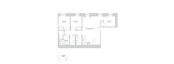 A floor plan of a house with three bedrooms and a kitchen/living room.