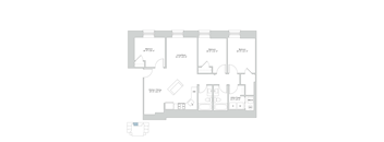 A floor plan of a house with three bedrooms, a living room, a kitchen/dining area, and a US by Closet.