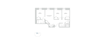 A floor plan of a house with three bedrooms, a living/kitchen/dining area, a utility closet, and a laundry room.