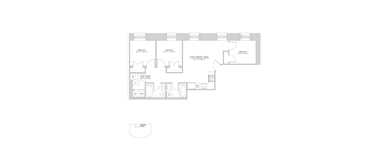 A floor plan of a house with three bedrooms, a living/kitchen/dining area, a utility closet, and a laundry area.
