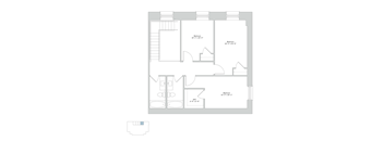 A floor plan of a house with three bedrooms and a living area with a kitchen.