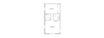 A floor plan of a small apartment with a bedroom, kitchen, and living room.