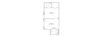 A floor plan of a small apartment with a bedroom, living room, and kitchen.