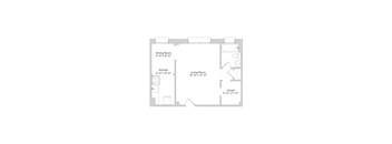 A floor plan of a small apartment with a kitchen, dining room, living room, and closet.