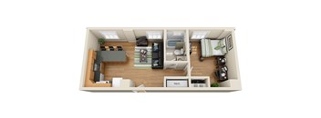 A 3D floor plan of a small apartment with a kitchen, living room, and bedroom.