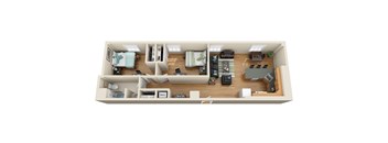 A top-down view of a small, neatly organized apartment.