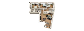A 3D floor plan of a house with a kitchen, living room, and two bedrooms.