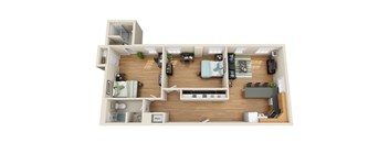 A 3D rendered image of a small apartment layout.