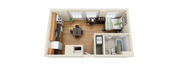 A top down view of a small apartment with a kitchen, living room, and bathroom.