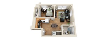 A 3D floor plan of a small apartment with a kitchen, living room, and bedroom.