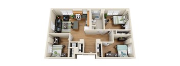 A top-down view of a two-bedroom apartment with a living room, kitchen, and bathroom.