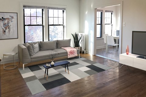 A living room with a grey couch and a black and white checkered rug.
