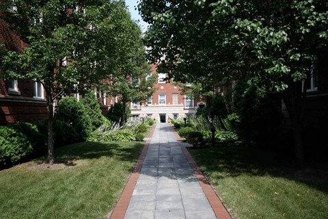 A pathway with a red border runs through a green grassy area.
