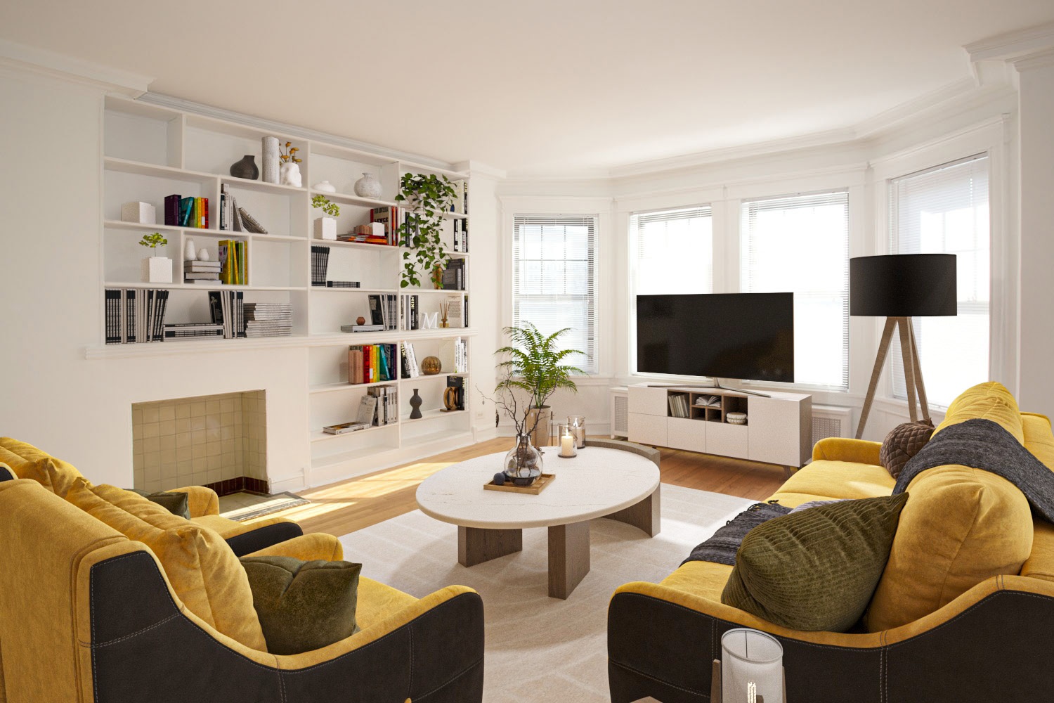 A living room with a fireplace, two couches, and a television.