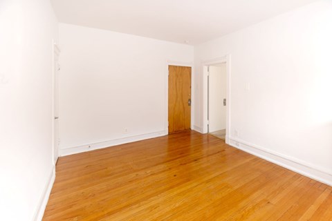A room with a wooden floor and a door.