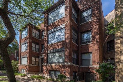 A red brick building with large windows and a tree in front.
