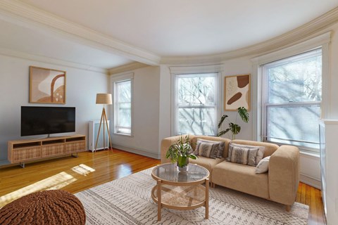A living room with a couch, a coffee table, and a television.
