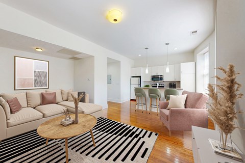A living room with a black and white striped rug and a wooden coffee table.