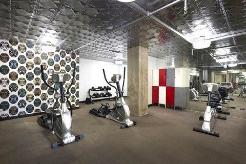 A gym with a variety of exercise equipment including treadmills, stationary bikes, and weight machines.
