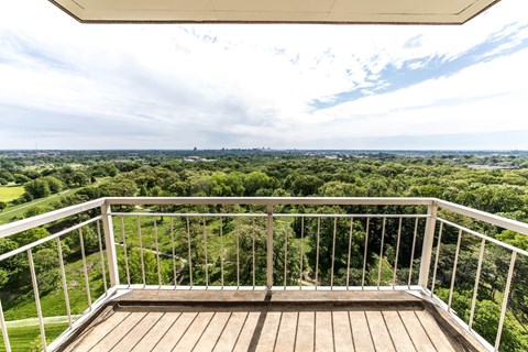 A balcony with a view of a green landscape.