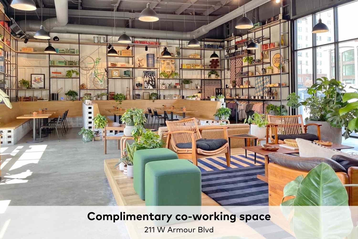 A co-working space with a variety of seating options and plants.
